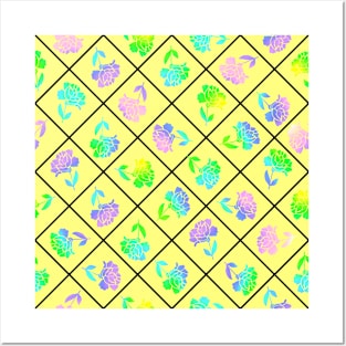 Window Pane Diagonal Floral Black Line on Yellow Posters and Art